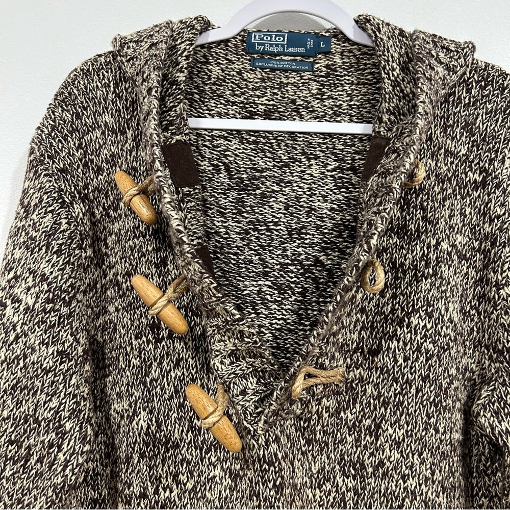 VTG 90s Polo Ralph Lauren 100% Cotton Brown Knit Fisherman Toggle Sweater Sz L - Picture 4 of 11